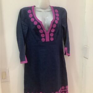 Boden Resort Dress with Plunge Neckline and 3/4 Sleeves in Blue and Pink